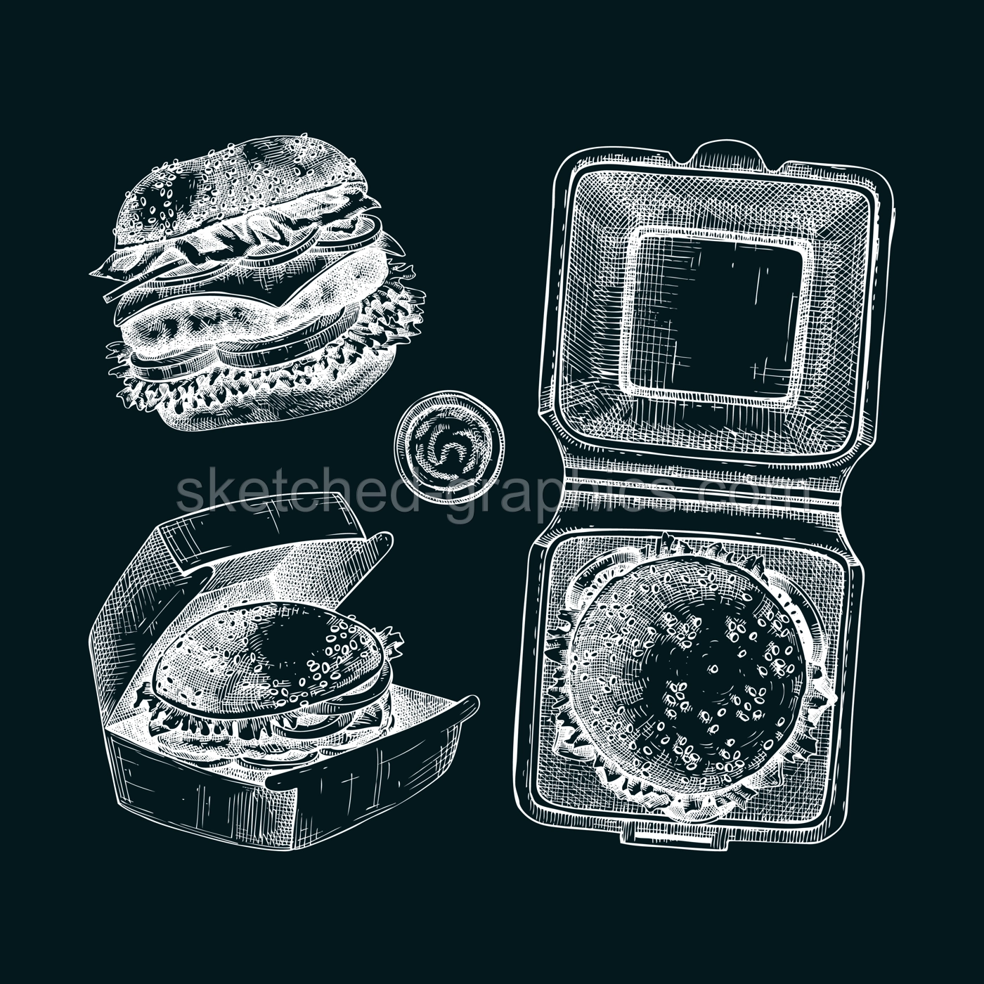 Fast food hand drawn vector illustrations. Different burger sketches. Takeaway food or restaurant delivery service design elements on chalkboard Illustration